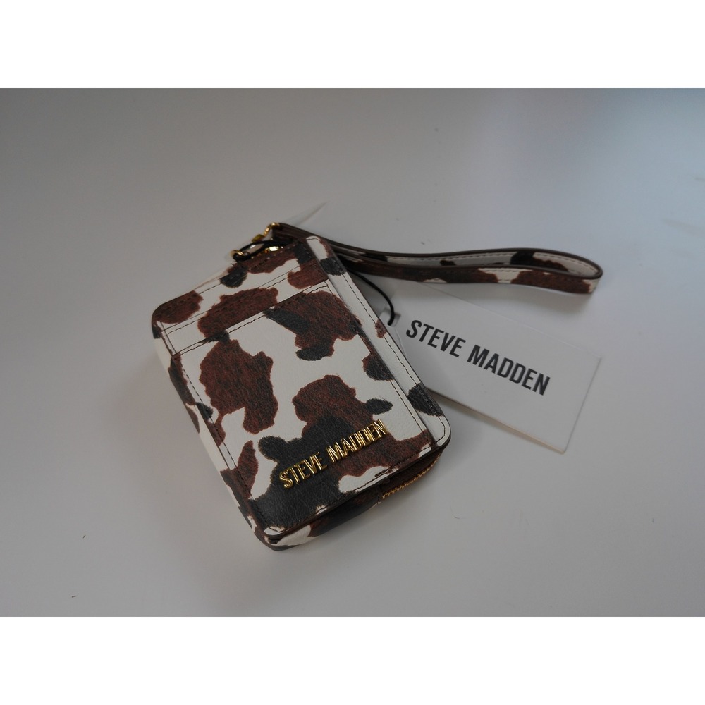 Steve Madden Bpipper Cow Print Card Case Wallet Wristlet Brown White NWT